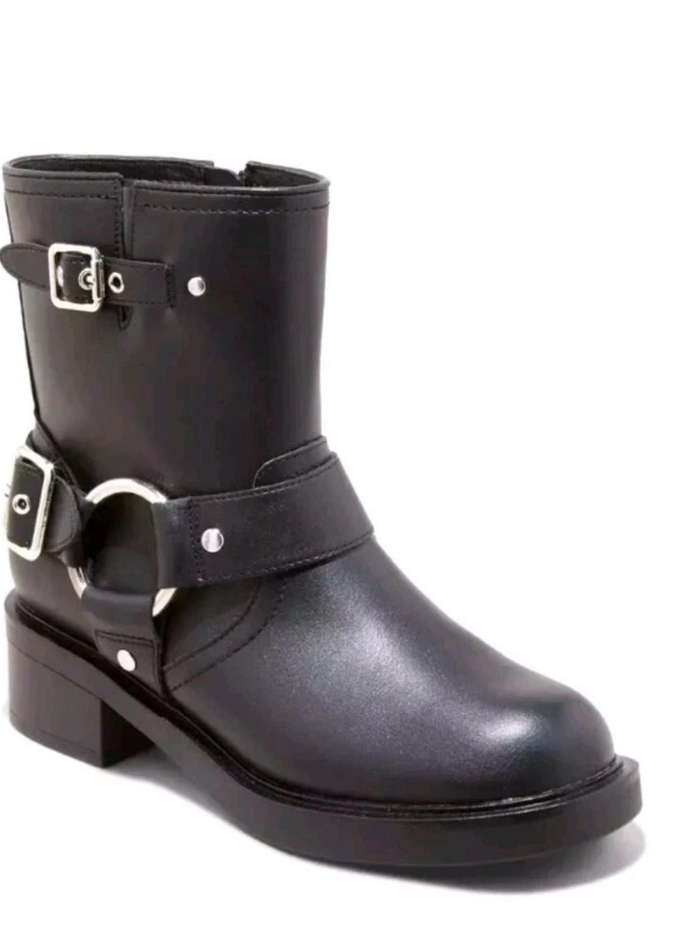 Black Moto Harness Ankle Boot 11 Buckle Strap Biker Western Side Zip Chunky Heel